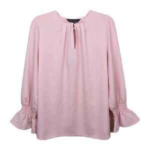 MING WANG Light Pink Blouse Keyhole Neck Ruched Bell Sleeves Women's Medium